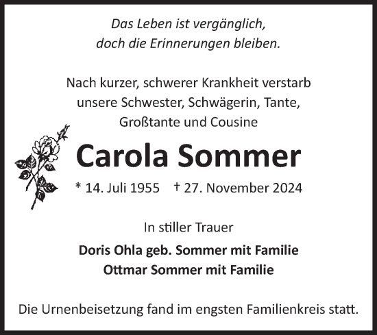 Traueranzeige von Carola Sommer von Volksstimme Burg/Genthin