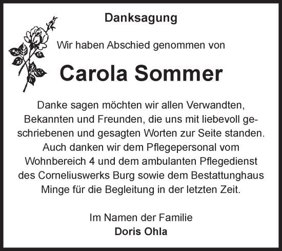 Traueranzeige von Carola Sommer von Volksstimme Burg/Genthin