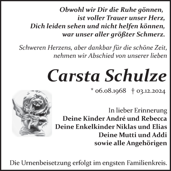 Traueranzeige von Carsta Schulze von Trauerkombi Bitterfeld