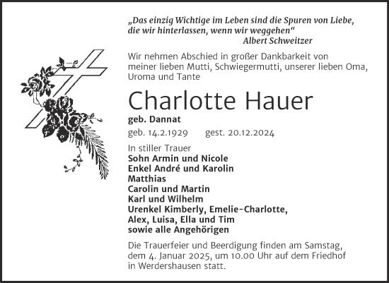 Traueranzeige von Charlotte Hauer von Trauerkombi Köthen