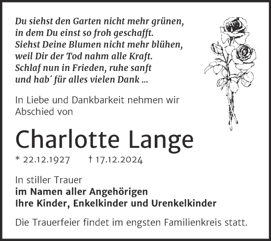 Traueranzeige von Charlotte Lange von Trauerkombi Dessau