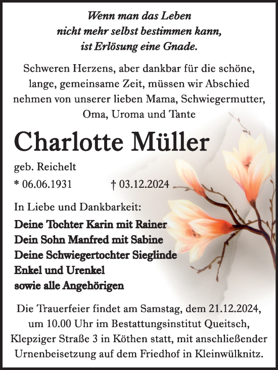 Traueranzeige von Charlotte Müller von Trauerkombi Köthen