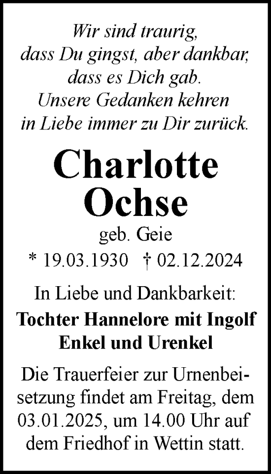 Traueranzeige von Charlotte Ochse von Mitteldeutsche Zeitung Halle/Saalkreis
