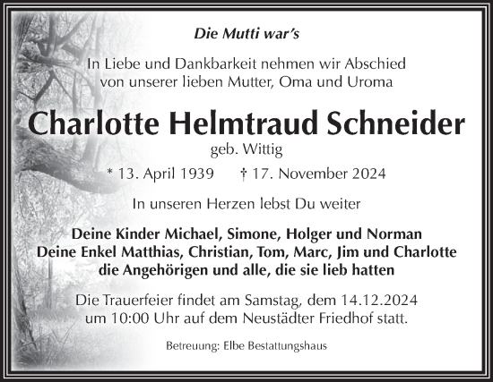 Traueranzeige von Charlotte Helmtraud Schneider von Volksstimme Magdeburg