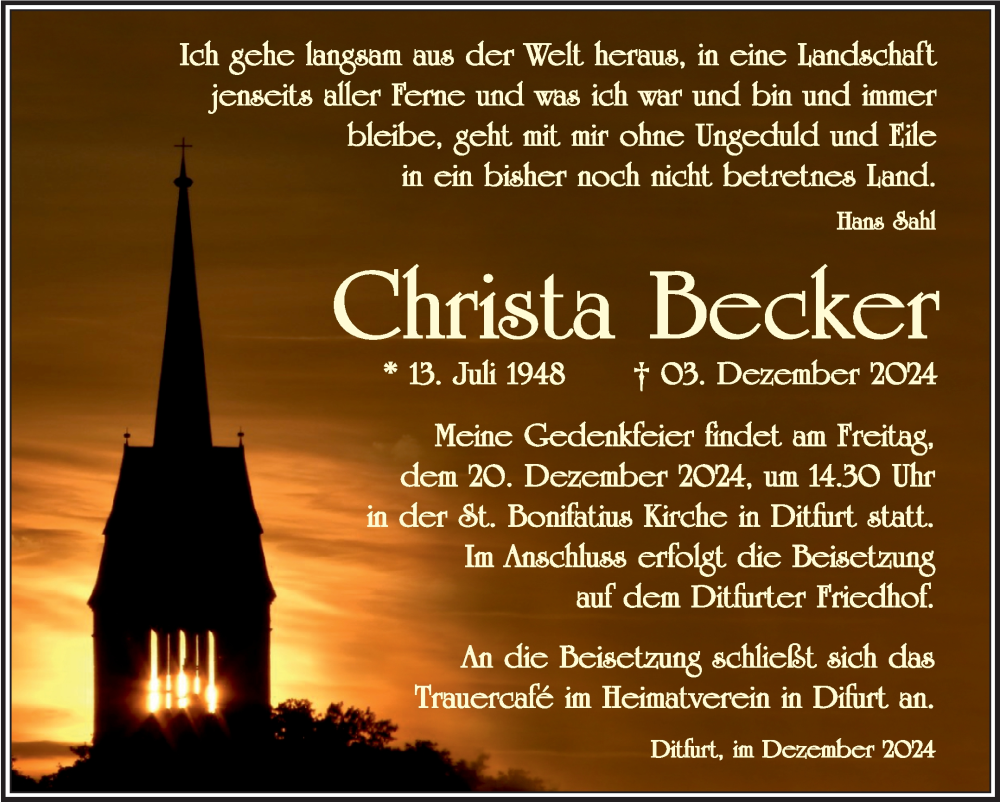 Traueranzeige für Christa Becker vom 14.12.2024 aus Trauerkombi Quedlinburg