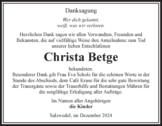 Traueranzeige von Christa Betge von Volksstimme Altmark West