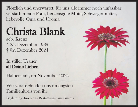 Traueranzeige von Christa Blank von Volksstimme Halberstadt