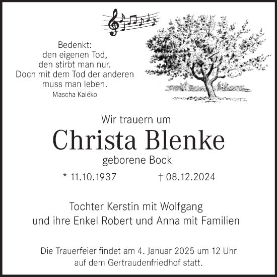 Traueranzeige von Christa Blenke von Mitteldeutsche Zeitung Halle/Saalkreis