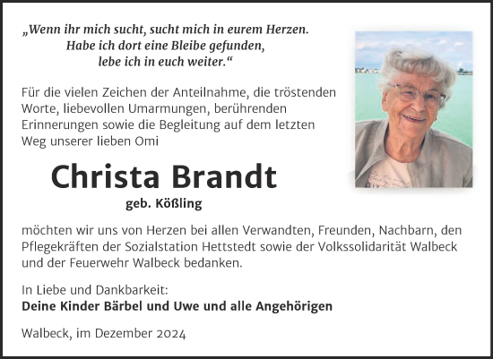 Traueranzeige von Christa Brandt von Trauerkombi Mansfelder Land