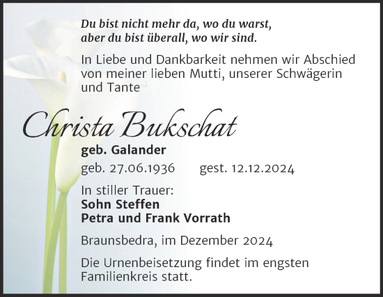 Traueranzeige von Christa Bukschat von Trauerkombi Merseburg