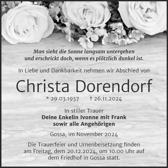 Traueranzeige von Christa Dorendorf von Trauerkombi Bitterfeld