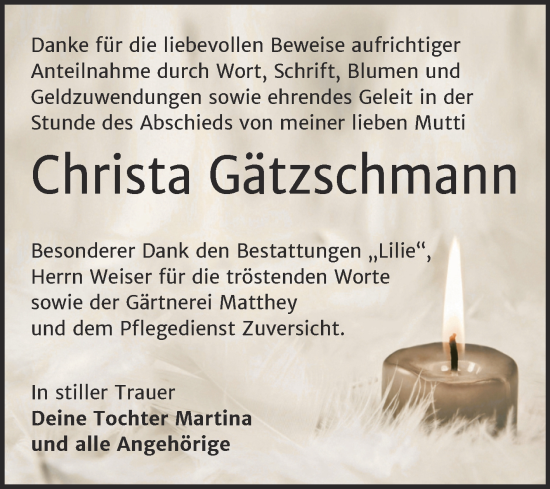 Traueranzeige von Christa Gätzschmann von Trauerkombi Dessau
