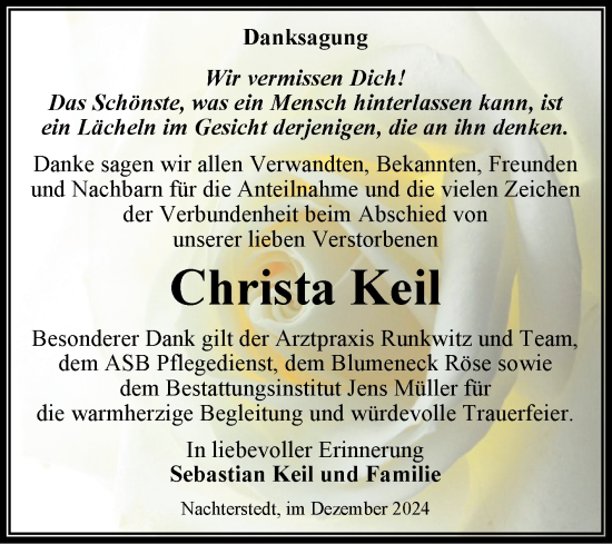 Traueranzeige von Christa Keil von Trauerkombi Aschersleben