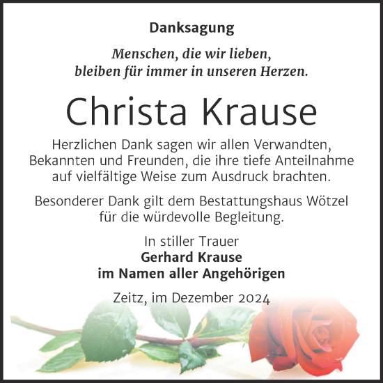 Traueranzeige von Christa Krause von Trauerkombi Zeitz