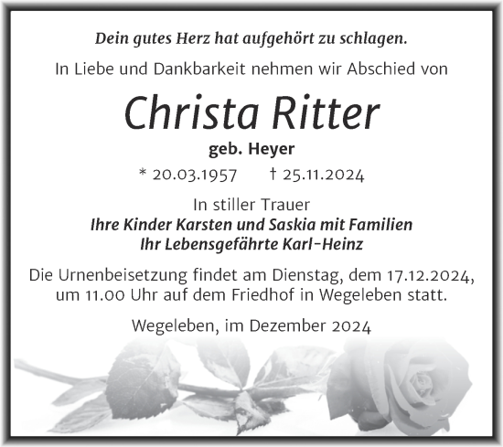 Traueranzeige von Christa Ritter von Trauerkombi Quedlinburg