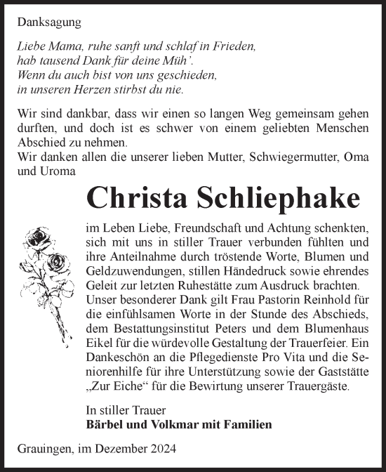 Traueranzeige von Christa Schliephake von Volksstimme Haldensleben/Wolmirstedt