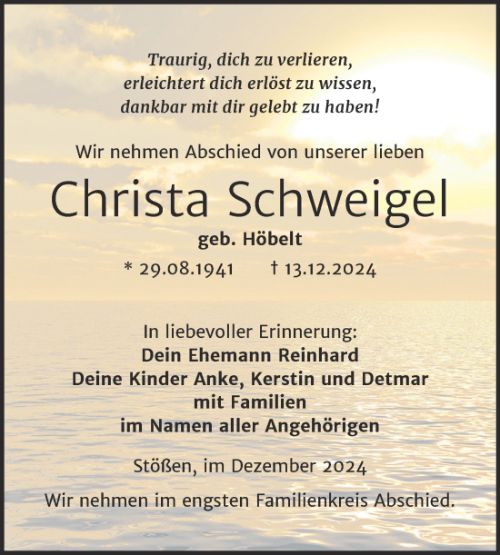 Traueranzeige von Christa Schweigel von Super Sonntag Naumburg/Nebra