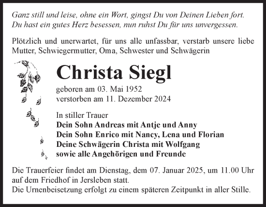 Traueranzeige von Christa Siegl von Volksstimme Burg/Genthin