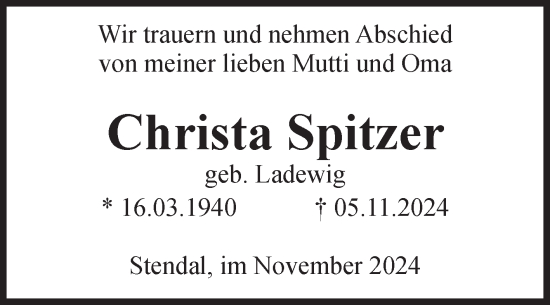 Traueranzeige von Christa Spitzer von Volksstimme Altmark Ost