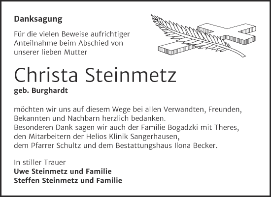 Traueranzeige von Christa Steinmetz von Trauerkombi Sangerhausen
