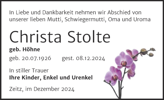 Traueranzeige von Christa Stolte von Trauerkombi Zeitz
