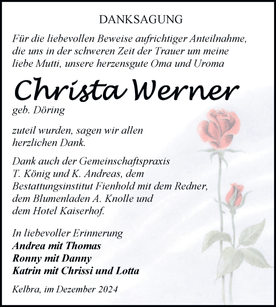 Traueranzeige von Christa Werner von Trauerkombi Sangerhausen