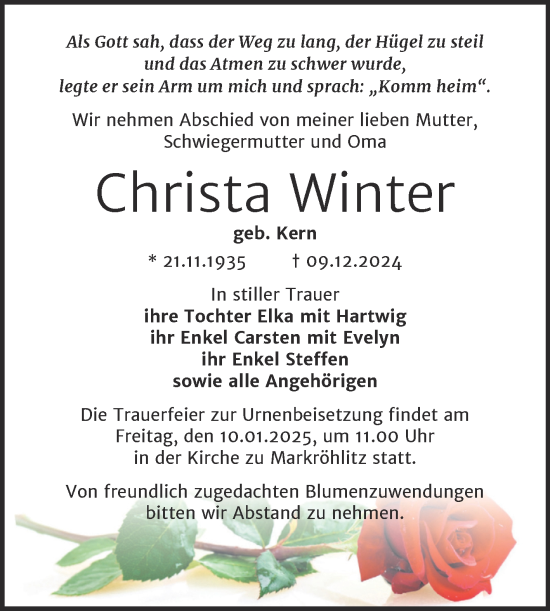 Traueranzeige von Christa Winter von Trauerkombi Weißenfels
