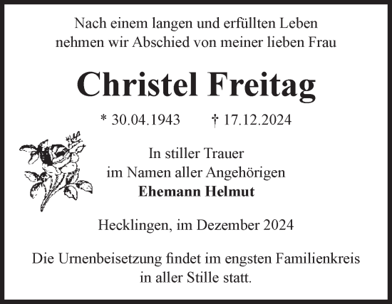 Traueranzeige von Christel Freitag von Volksstimme Staßfurt