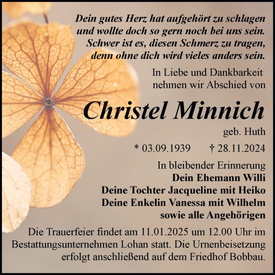 Traueranzeige von Christel Minnich von Trauerkombi Bitterfeld