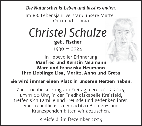 Traueranzeige von Christel Schulze von Trauerkombi Mansfelder Land