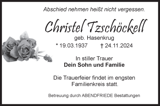Traueranzeige von Christel Tzschöckell von Volksstimme Haldensleben/Wolmirstedt