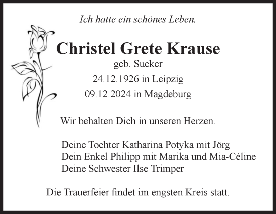 Traueranzeige von Christel Grete Krause von Volksstimme Magdeburg