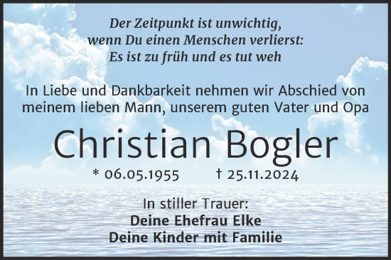 Traueranzeige von Christian Bogler von Mitteldeutsche Zeitung Halle/Saalkreis