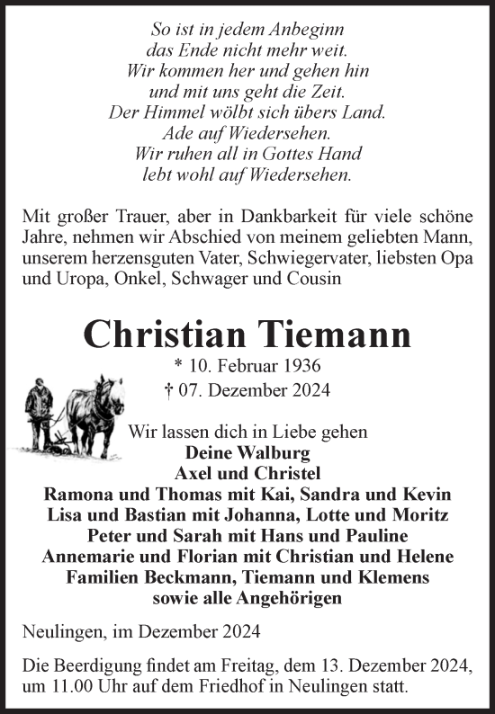 Traueranzeige von Christian Tiemann von Volksstimme Altmark Ost