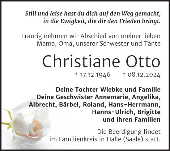 Traueranzeige von Christiane Otto von Mitteldeutsche Zeitung Köthen