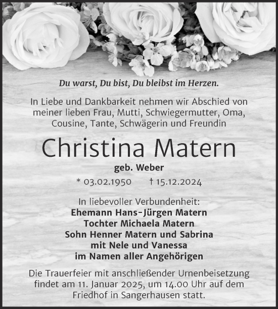 Traueranzeige von Christina Matern von Trauerkombi Sangerhausen