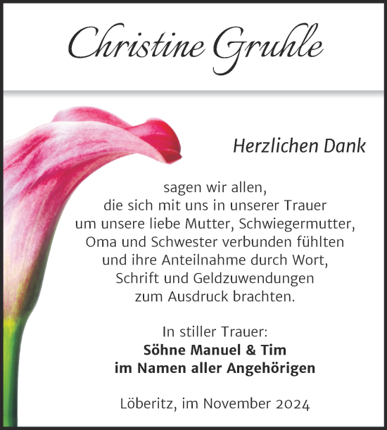 Traueranzeige von Christine Gruhle von Trauerkombi Bitterfeld