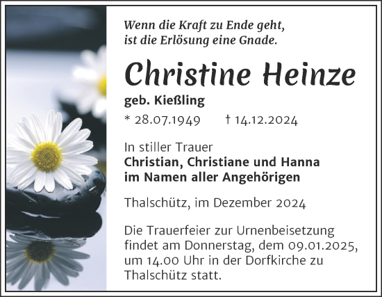 Traueranzeige von Christine Heinze von Trauerkombi Merseburg