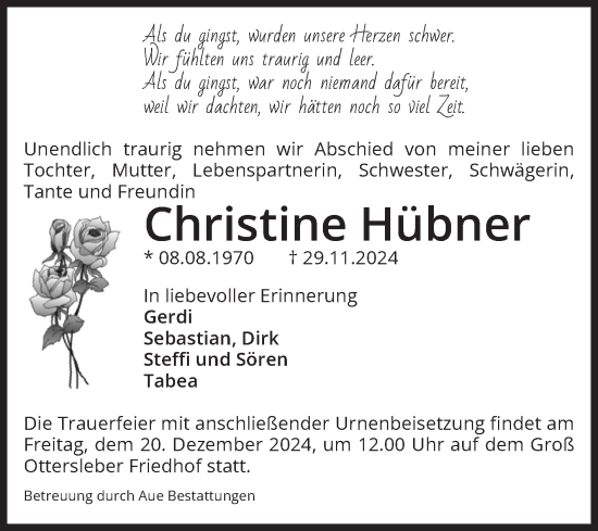 Traueranzeige von Christine Hübner von Volksstimme Magdeburg