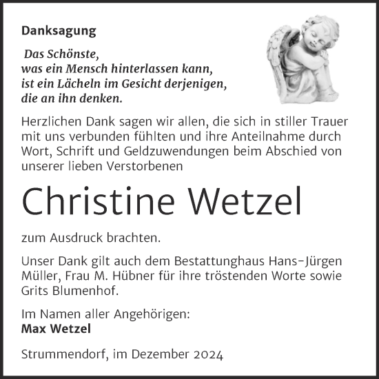 Traueranzeige von Christine Wetzel von Trauerkombi Aschersleben
