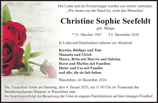 Traueranzeige von Christine Sophie Seefeldt von Volksstimme Oschersleben/Wanzleben