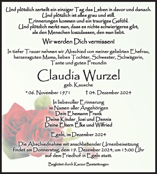 Traueranzeige von Claudia Wurzel von Volksstimme Staßfurt