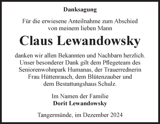 Traueranzeige von Claus Lewandowsky von Volksstimme Altmark Ost