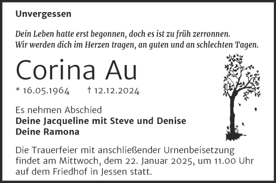 Traueranzeige von Corina Au von Trauerkombi Wittenberg