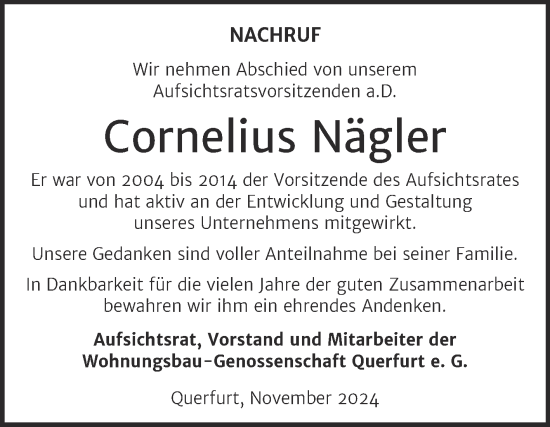 Traueranzeige von Cornelius Nägler von Mitteldeutsche Zeitung Merseburg/Querfurt