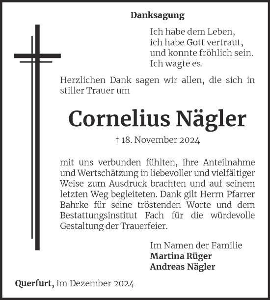 Traueranzeige von Cornelius Nägler von Trauerkombi Merseburg