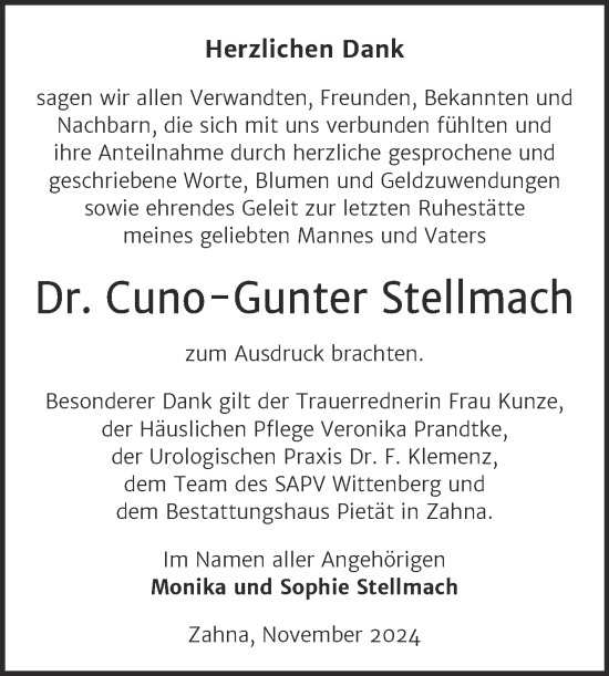 Traueranzeige von Cuno-Gunter Stellmach von Trauerkombi Wittenberg