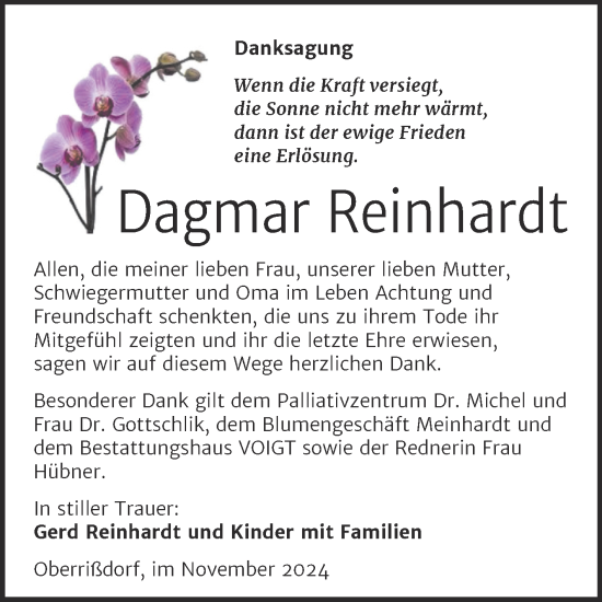 Traueranzeige von Dagmar Reinhardt von Trauerkombi Mansfelder Land