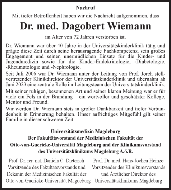 Traueranzeige von Dagobert Wiemann von Volksstimme Magdeburg