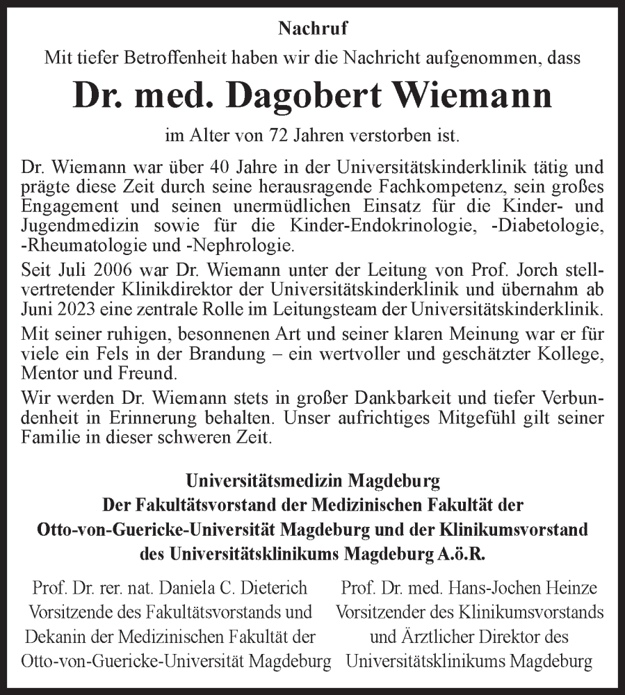  Traueranzeige für Dagobert Wiemann vom 07.12.2024 aus Volksstimme Magdeburg